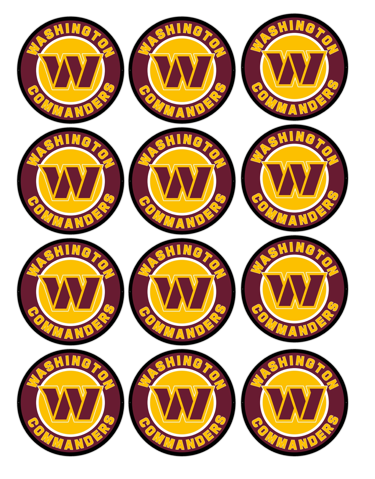 Set of 12 "Washington Commanders Football" pre cut edible image discs for desserts, drink toppers, choose your size
