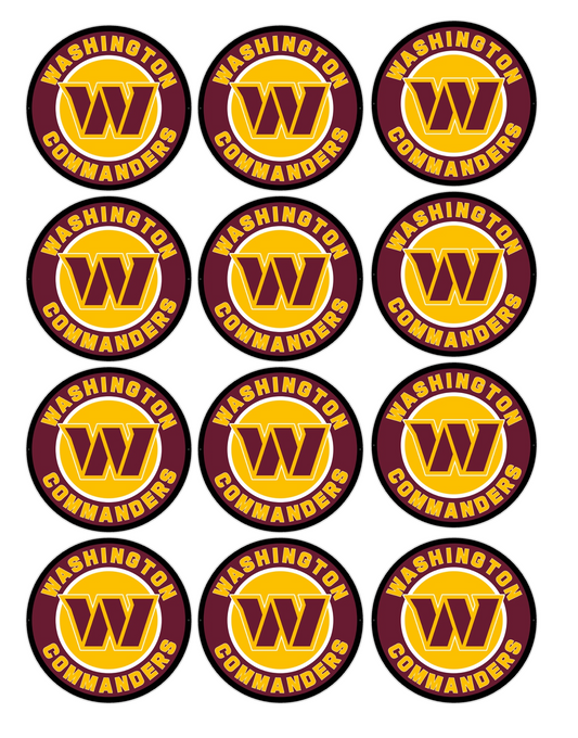 Set of 12 "Washington Commanders Football" pre cut edible image discs for desserts, drink toppers, choose your size