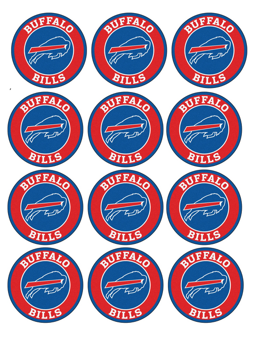 Set of 12 "Buffalo Bills Football" pre cut edible image discs for desserts, drink toppers, choose your size