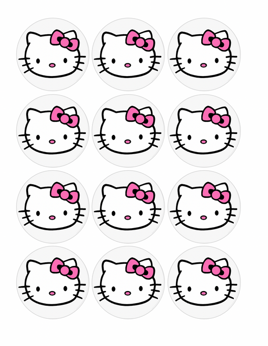 Set of 12 "Hello Kitty" pre cut edible image discs for desserts, drink toppers, choose your size