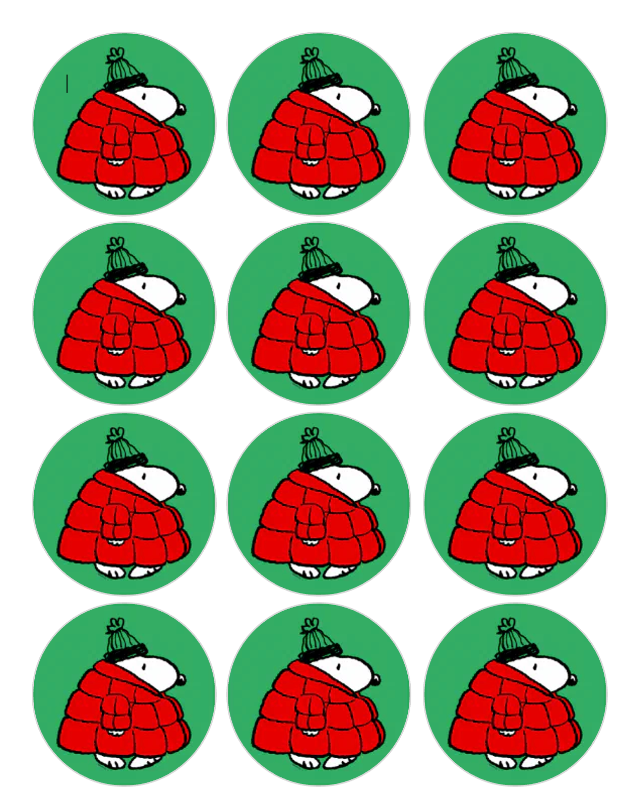 Set of 12 "Snoopy Christmas" pre cut edible image discs for desserts, drink toppers, choose your size