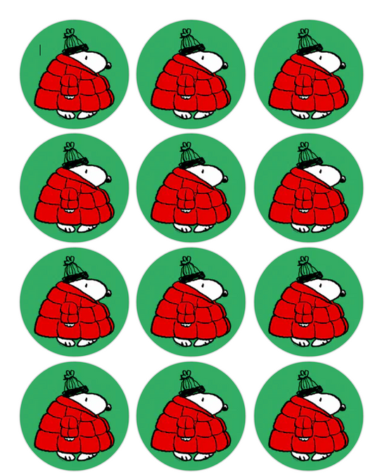 Set of 12 "Snoopy Christmas" pre cut edible image discs for desserts, drink toppers, choose your size
