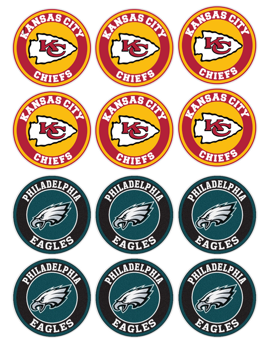 Set of 12 "SUPER BOWL LIX CHEIFS AND EAGLES" pre cut edible image discs for desserts, drink toppers, choose your size