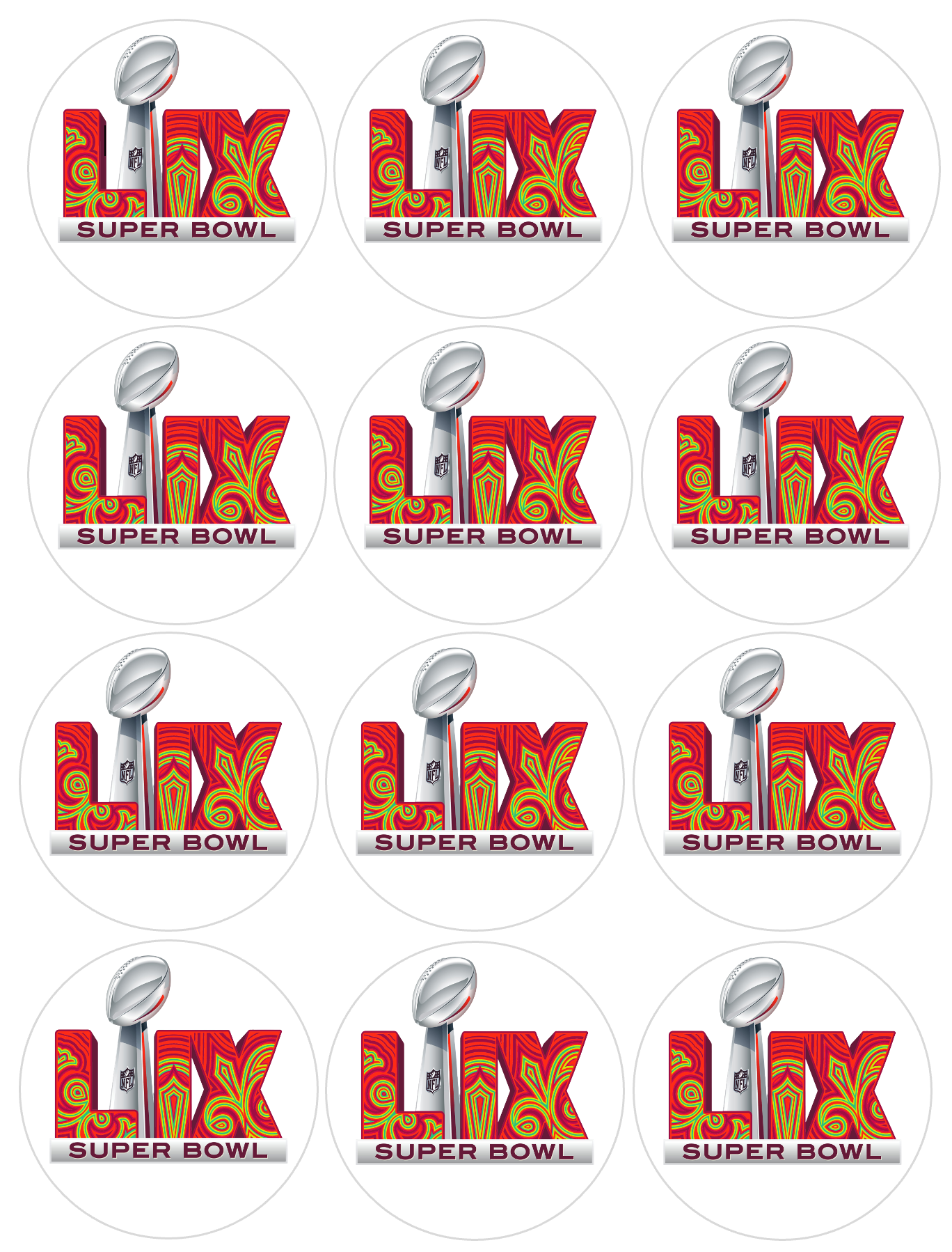 Set of 12 "SUPER BOWL LIX CHEIFS AND EAGLES" pre cut edible image discs for desserts, drink toppers, choose your size