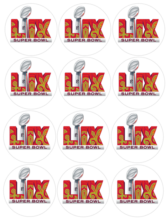 Set of 12 "SUPER BOWL LIX CHEIFS AND EAGLES" pre cut edible image discs for desserts, drink toppers, choose your size