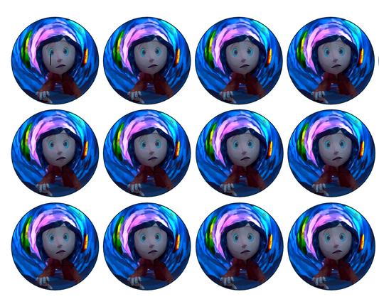 Set of 12 "Coraline" pre cut edible image discs for desserts, drink toppers, choose your size