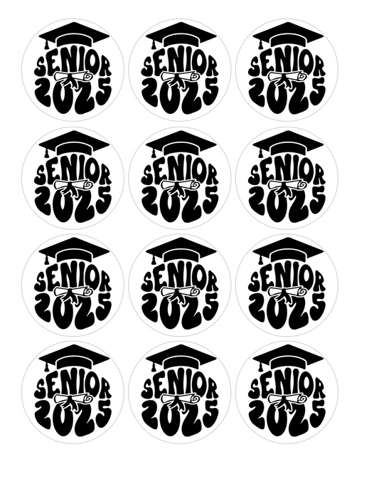 Set of 12 "2025 graduation, Seniors" pre cut edible image discs for desserts, drink toppers, choose your size