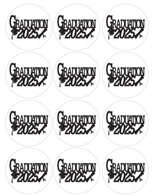 Set of 12 "2025 graduation, Seniors" pre cut edible image discs for desserts, drink toppers, choose your size