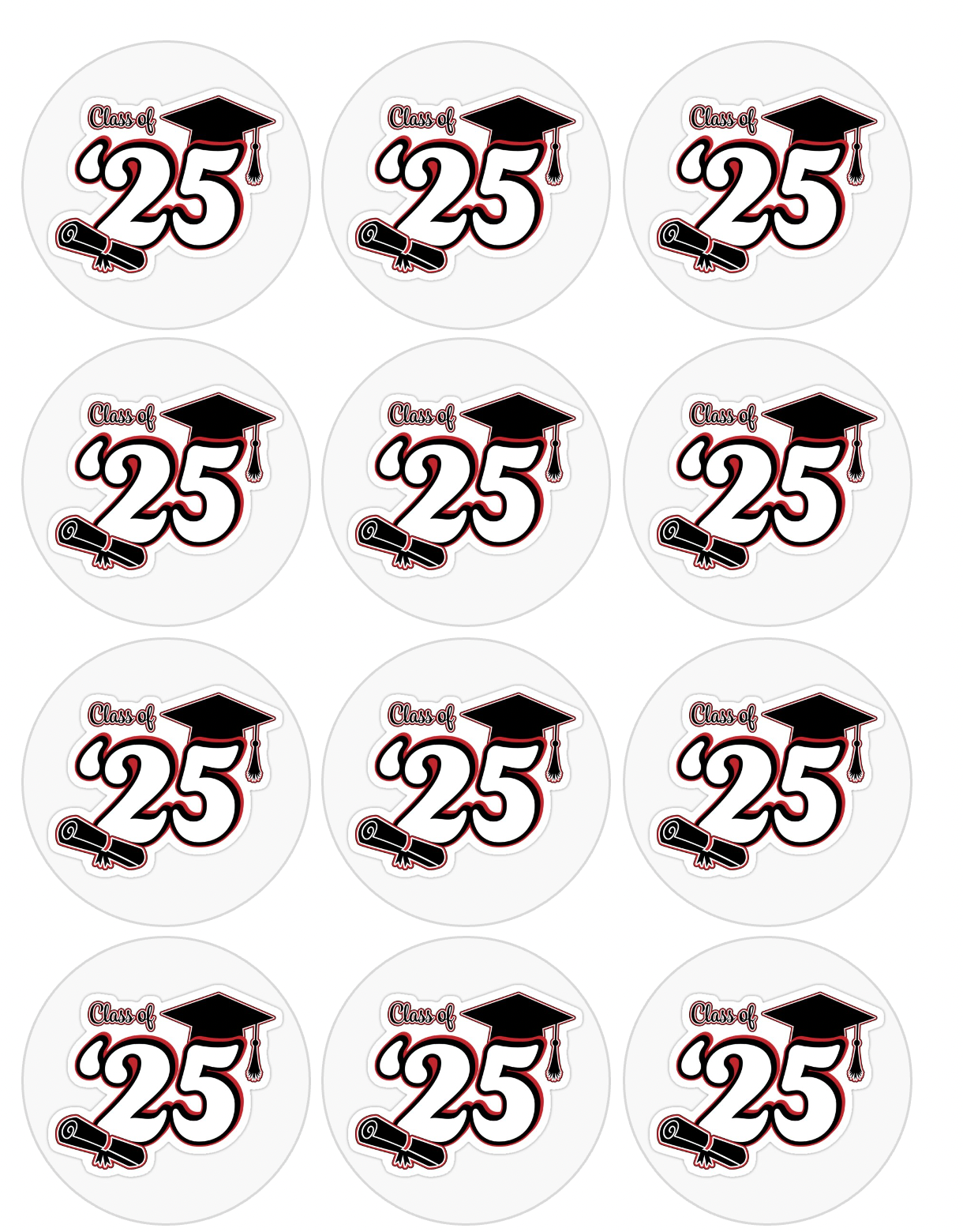 Set of 12 "2025 graduation, Seniors" pre cut edible image discs for desserts, drink toppers, choose your size