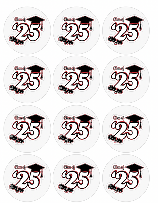 Set of 12 "2025 graduation, Seniors" pre cut edible image discs for desserts, drink toppers, choose your size
