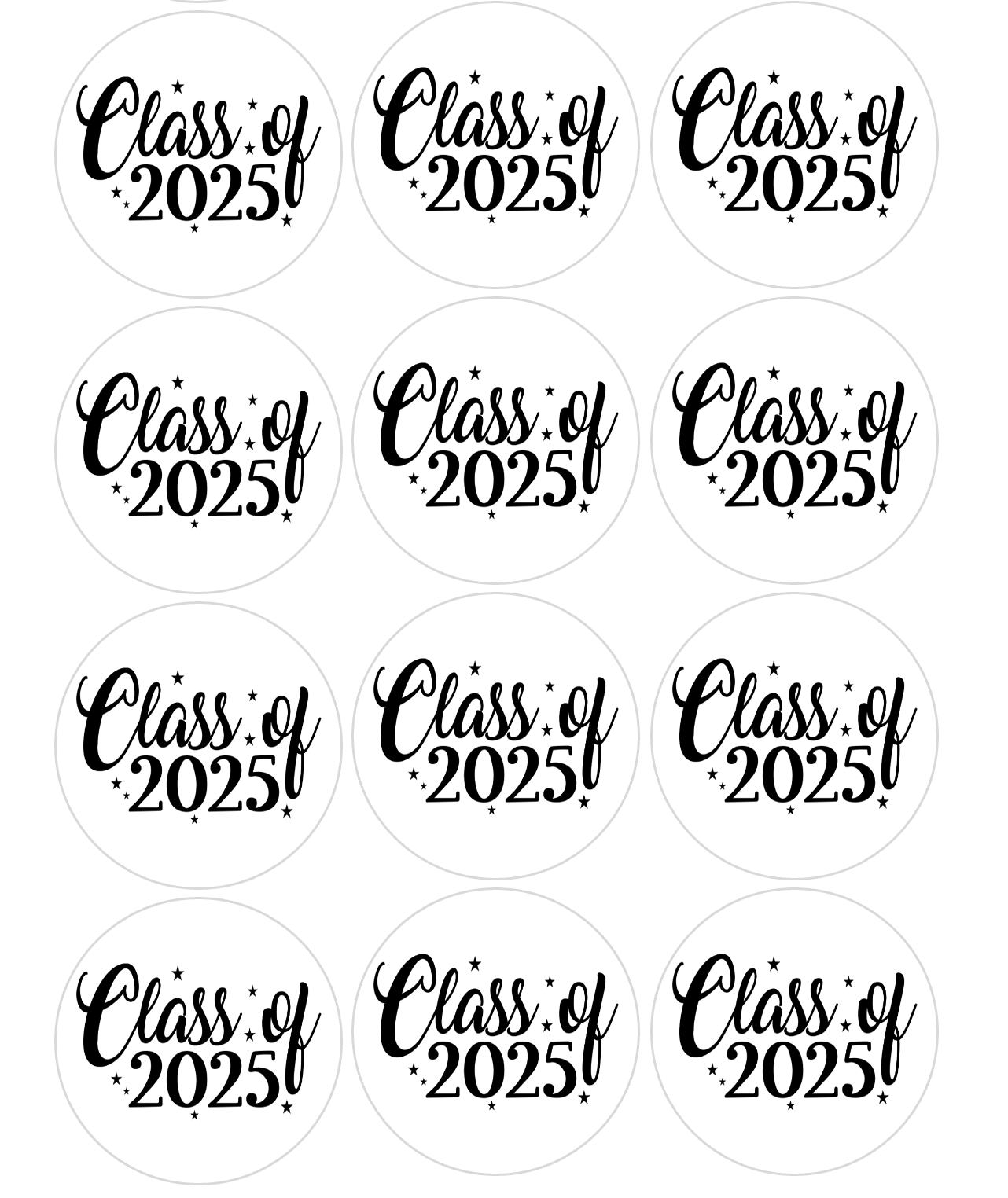 Set of 12 "2025 Graduation. Seniors" pre cut edible image discs for desserts, drink toppers, choose your size