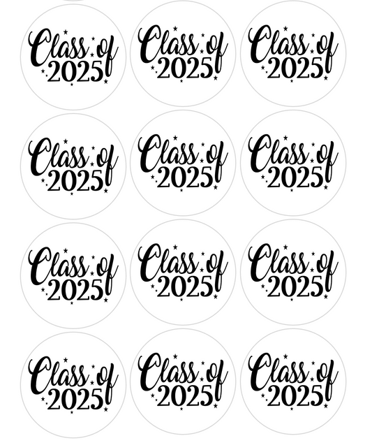 Set of 12 "2025 Graduation. Seniors" pre cut edible image discs for desserts, drink toppers, choose your size