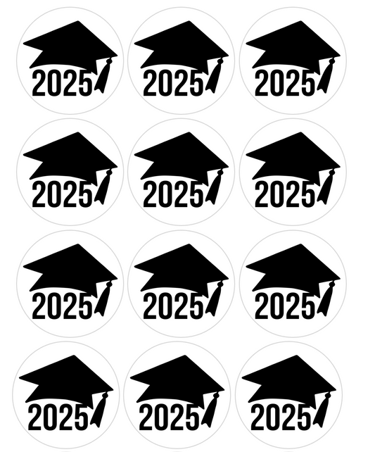 Set of 12 "2025 Graduation, Seniors" pre cut edible image discs for desserts, drink toppers, choose your size