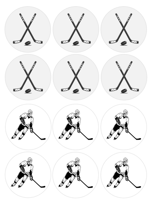 Set of 12 "Hockey" pre cut edible image discs for desserts, drink toppers, choose your size