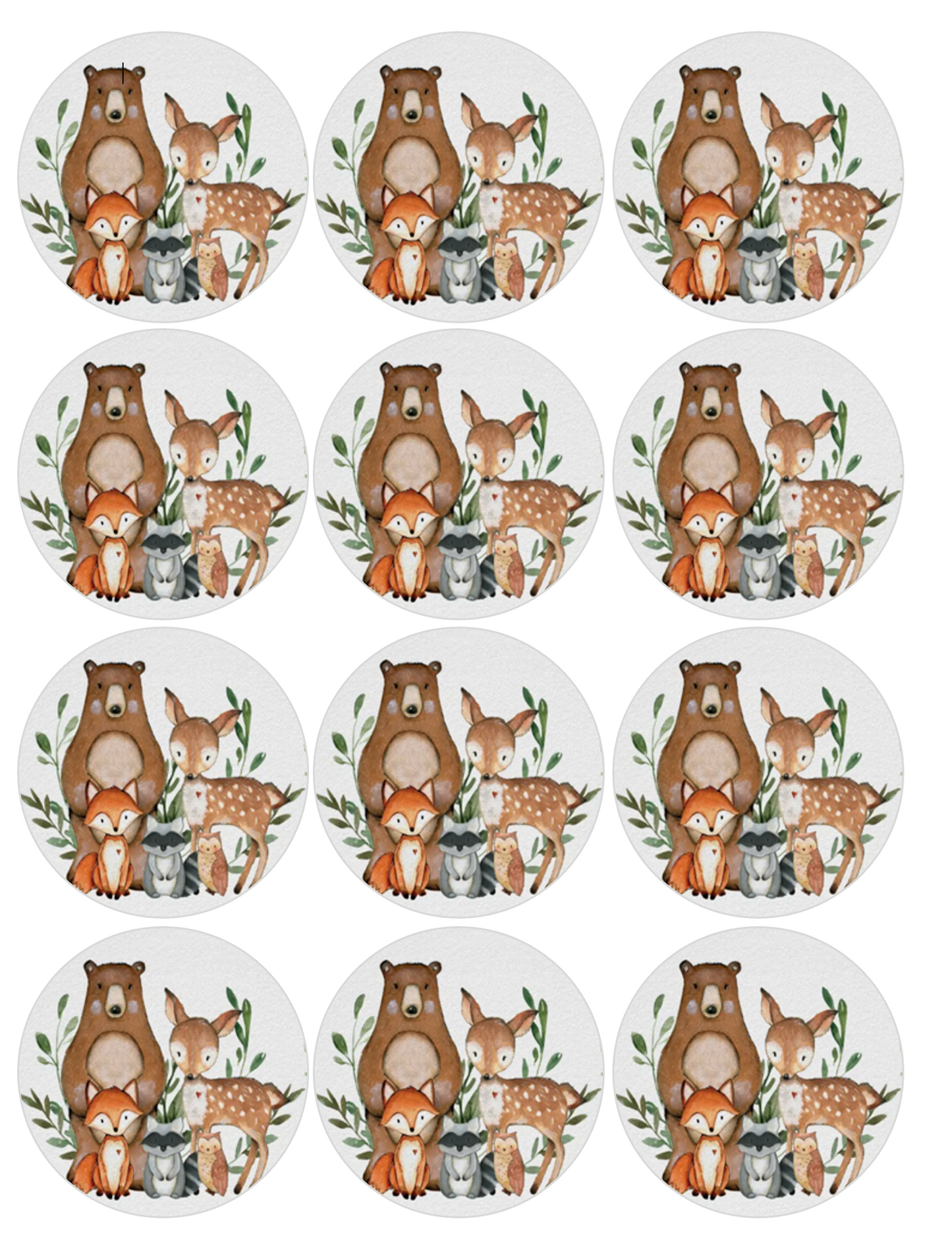 Set of 12 "Woodland Animals" pre cut edible image discs for desserts, drink toppers, choose your size