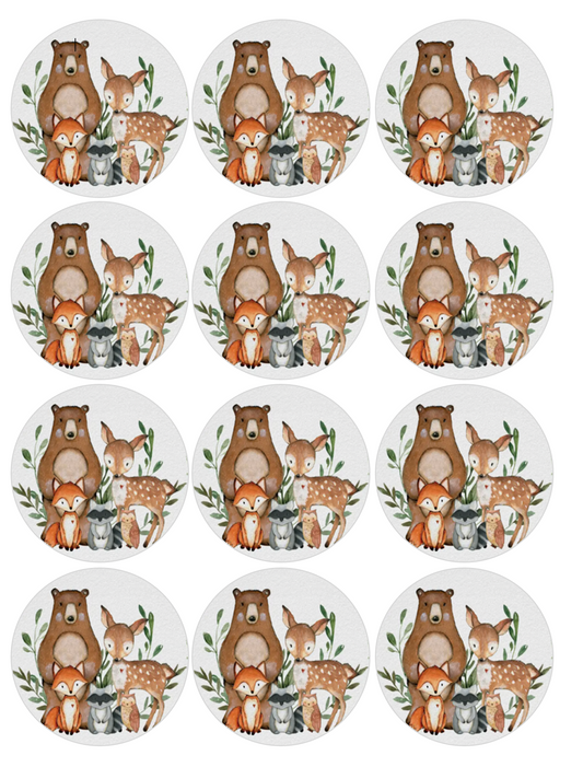 Set of 12 "Woodland Animals" pre cut edible image discs for desserts, drink toppers, choose your size