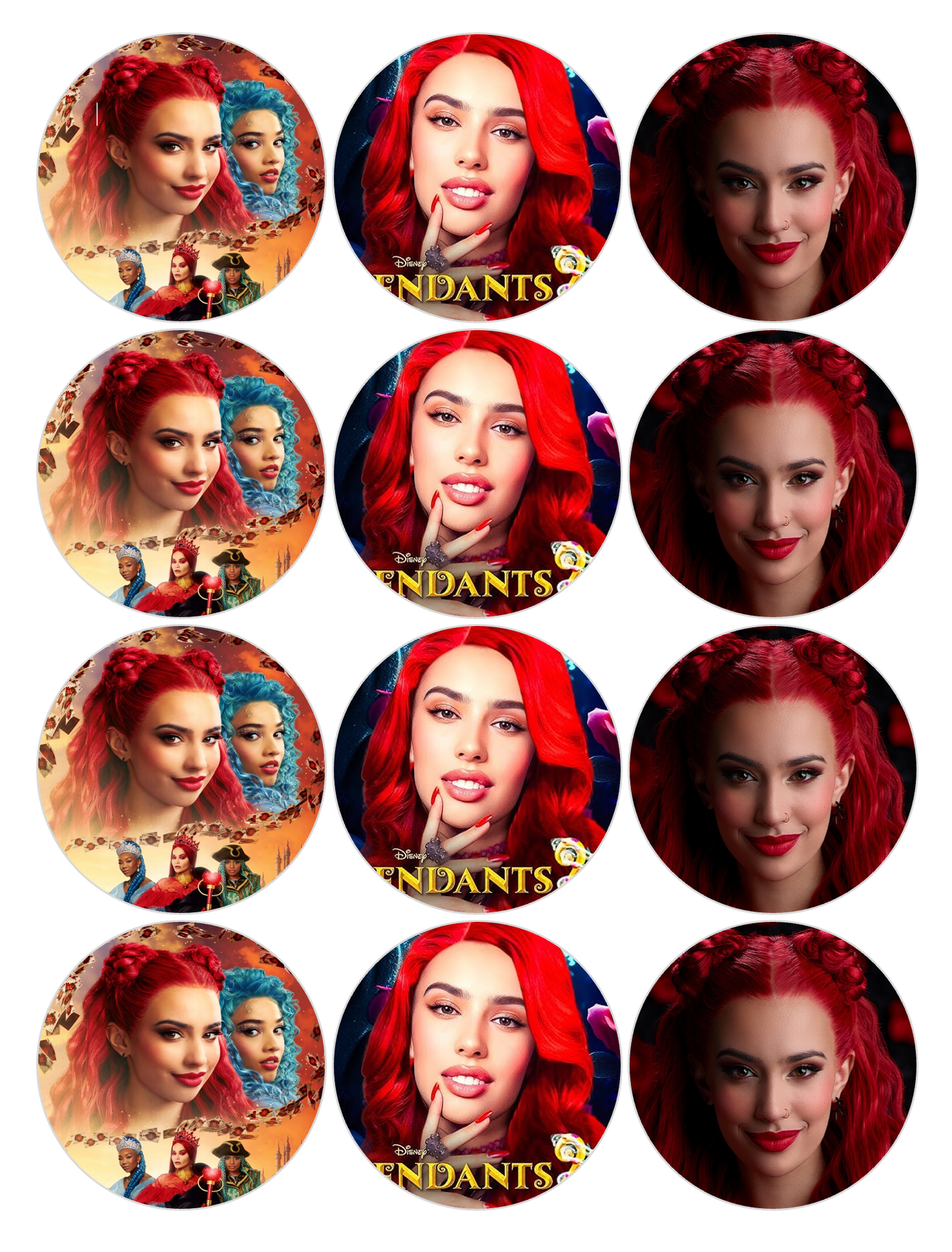 Set of 12 "Princess Red, Descendants" pre cut edible image discs for desserts, drink toppers, choose your size