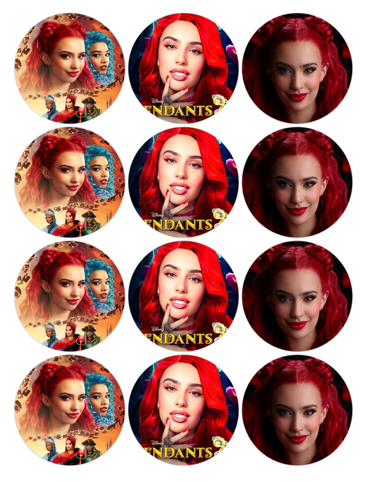 Set of 12 "Princess Red, Descendants" pre cut edible image discs for desserts, drink toppers, choose your size