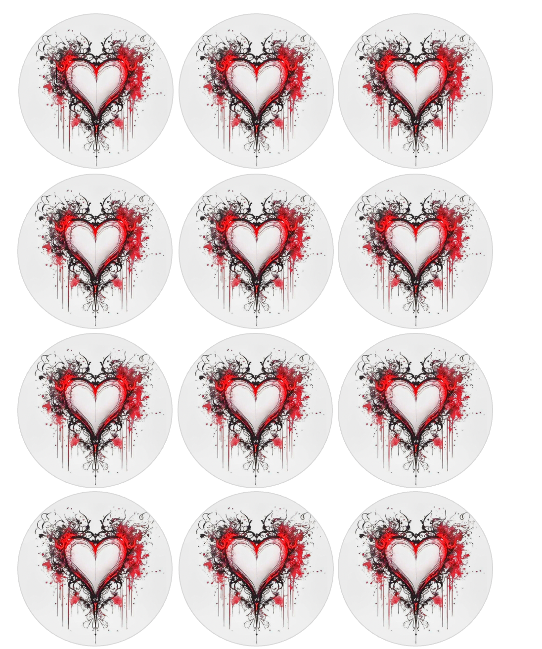 Set of 12 "Red Bleeding Heart" pre cut edible image discs for desserts, drink toppers, choose your size