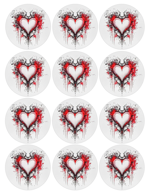 Set of 12 "Red Bleeding Heart" pre cut edible image discs for desserts, drink toppers, choose your size