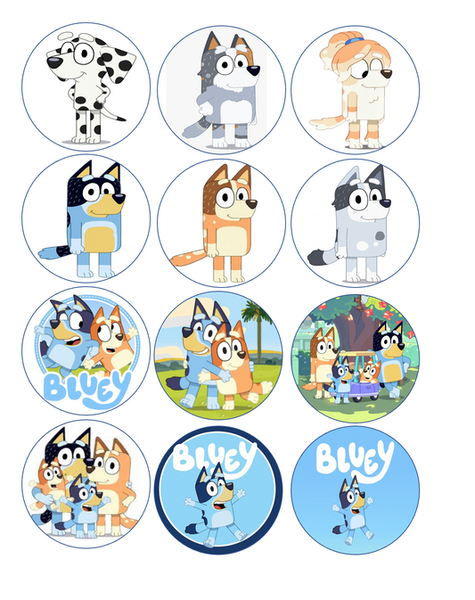 Set of 12 "Bluey" pre cut edible image discs for desserts, drink toppers, choose your size