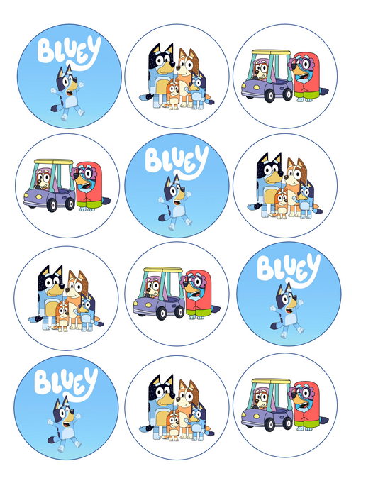 Set of 12 "Bluey" pre cut edible image discs for desserts, drink toppers, choose your size