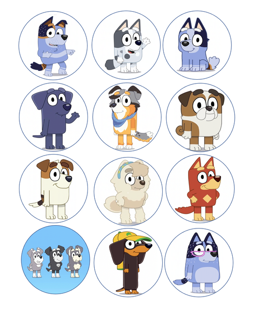 Set of 12 "Bluey" pre cut edible image discs for desserts, drink toppers, choose your size