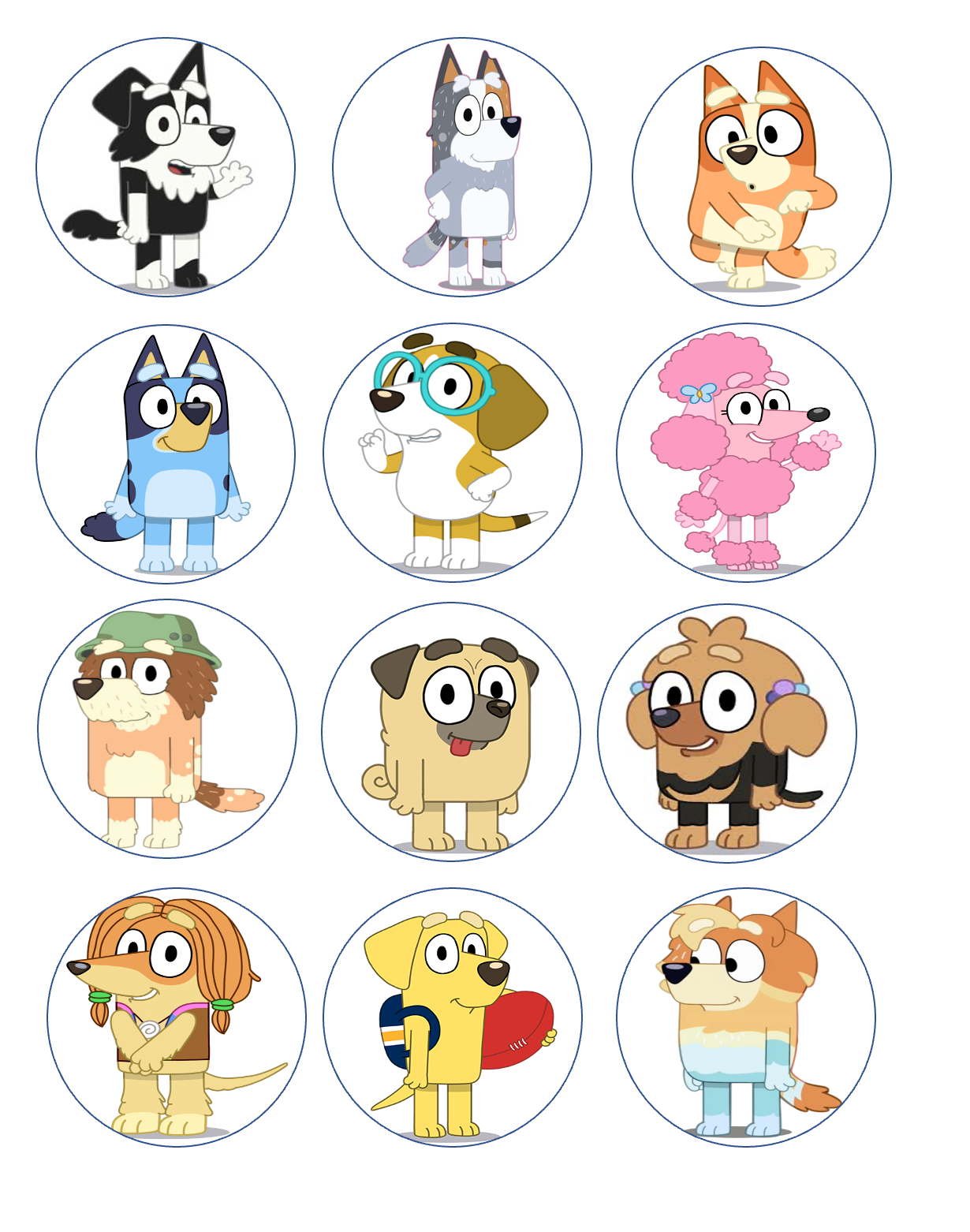 Set of 12 "Bluey" pre cut edible image discs for desserts, drink toppers, choose your size
