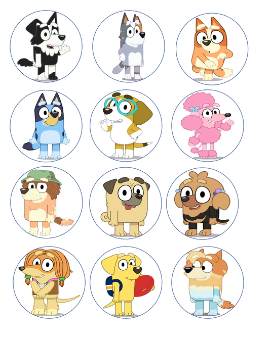 Set of 12 "Bluey" pre cut edible image discs for desserts, drink toppers, choose your size