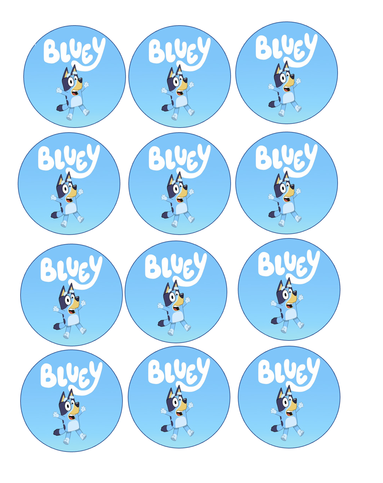 Set of 12 "Bluey" pre cut edible image discs for desserts, drink toppers, choose your size