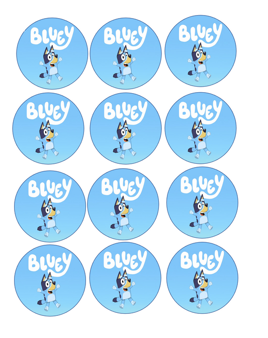 Set of 12 "Bluey" pre cut edible image discs for desserts, drink toppers, choose your size
