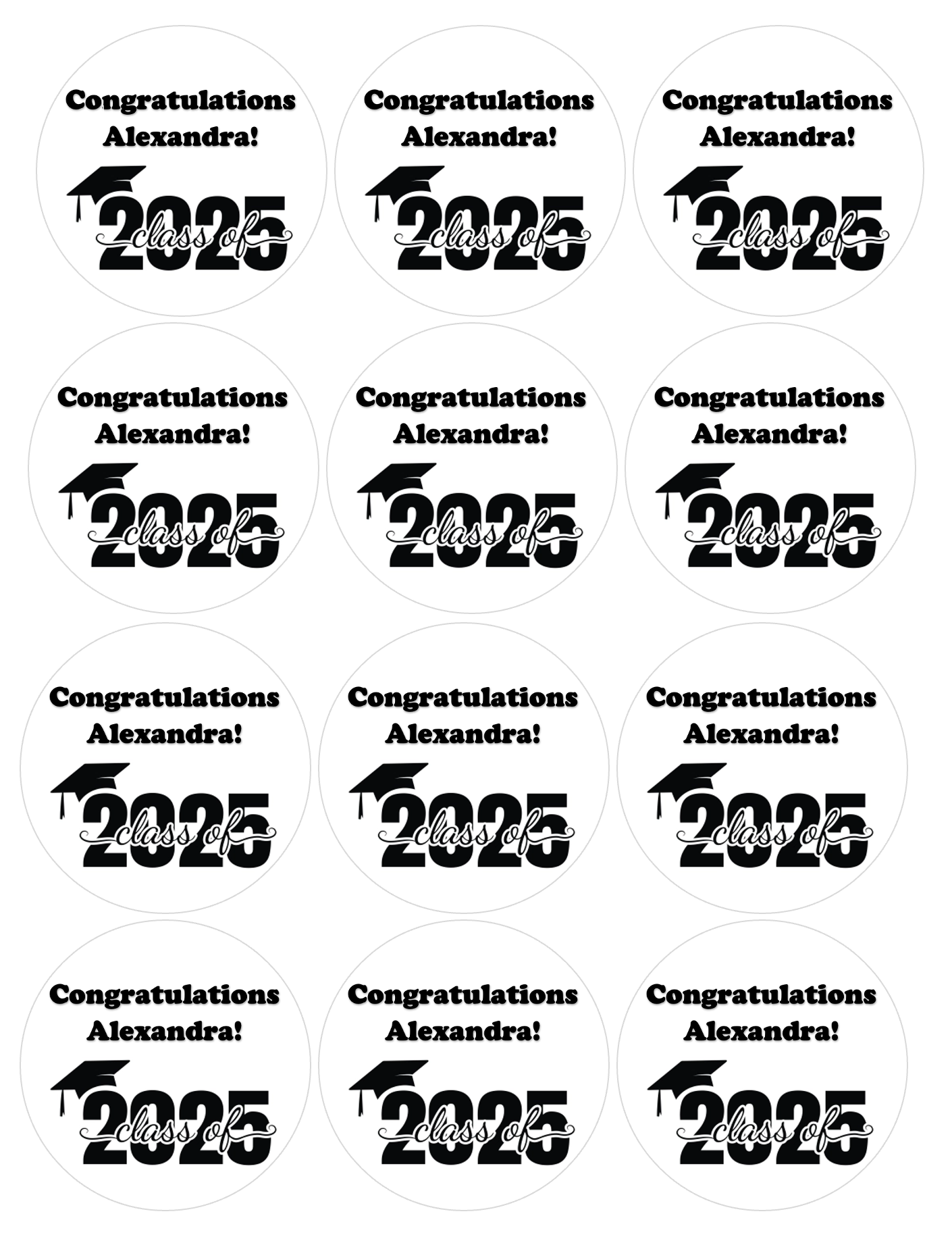 CUSTOM GRADUATION WORDING Set of 12 edible image rounds, many sizes available
