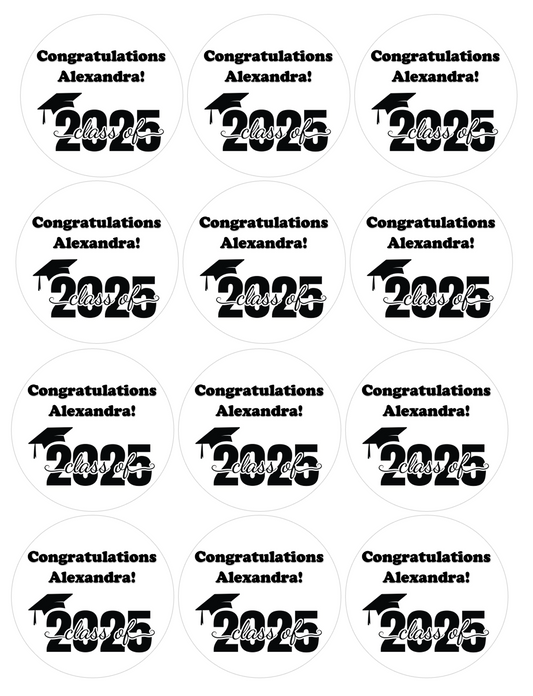 CUSTOM GRADUATION WORDING Set of 12 edible image rounds, many sizes available