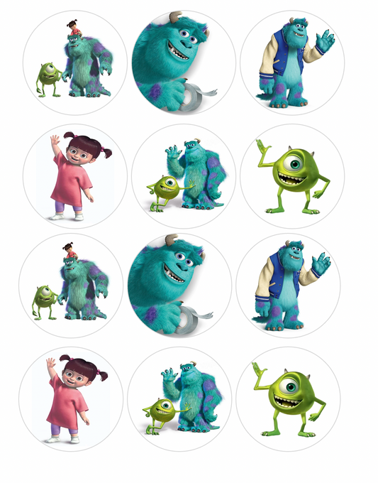 Set of 12 "Monsters Inc." pre cut edible image discs for desserts, drink toppers, choose your size