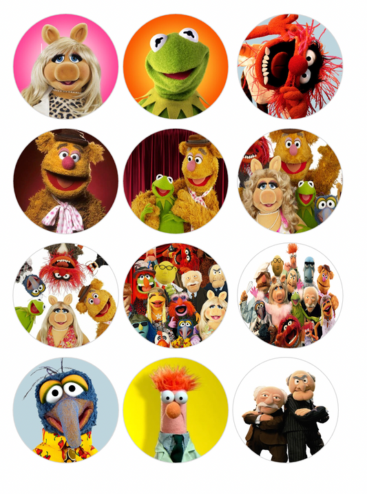 Set of 12 "The Muppets" pre cut edible image discs for desserts, drink toppers, choose your size