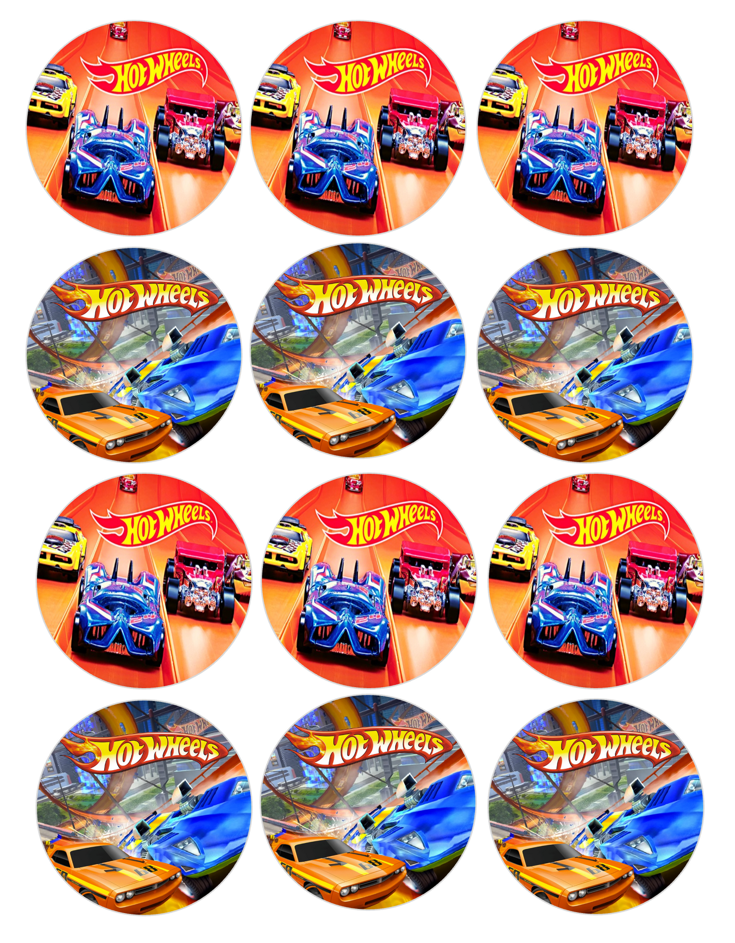 Set of 12 "Hot Wheels Cars" pre cut edible image discs for desserts, drink toppers, choose your size