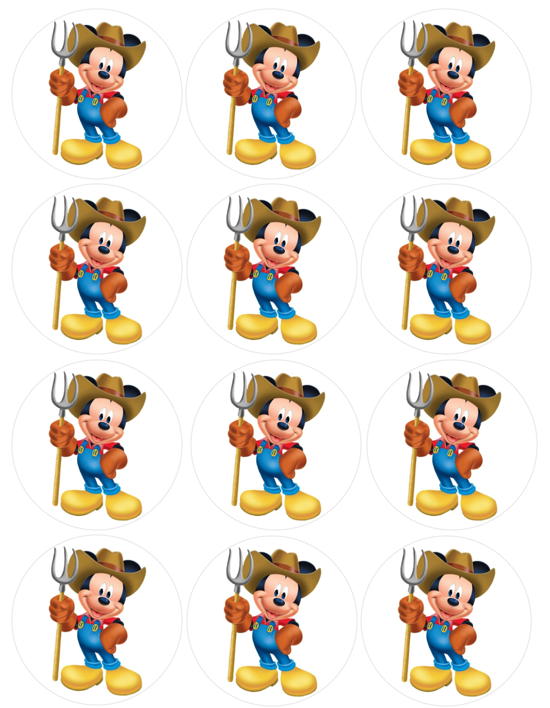 Set of 12 "Farmer Mickey Mouse" pre cut edible image discs for desserts, drink toppers, choose your size