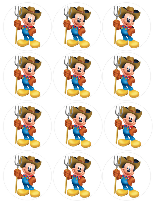 Set of 12 "Farmer Mickey Mouse" pre cut edible image discs for desserts, drink toppers, choose your size
