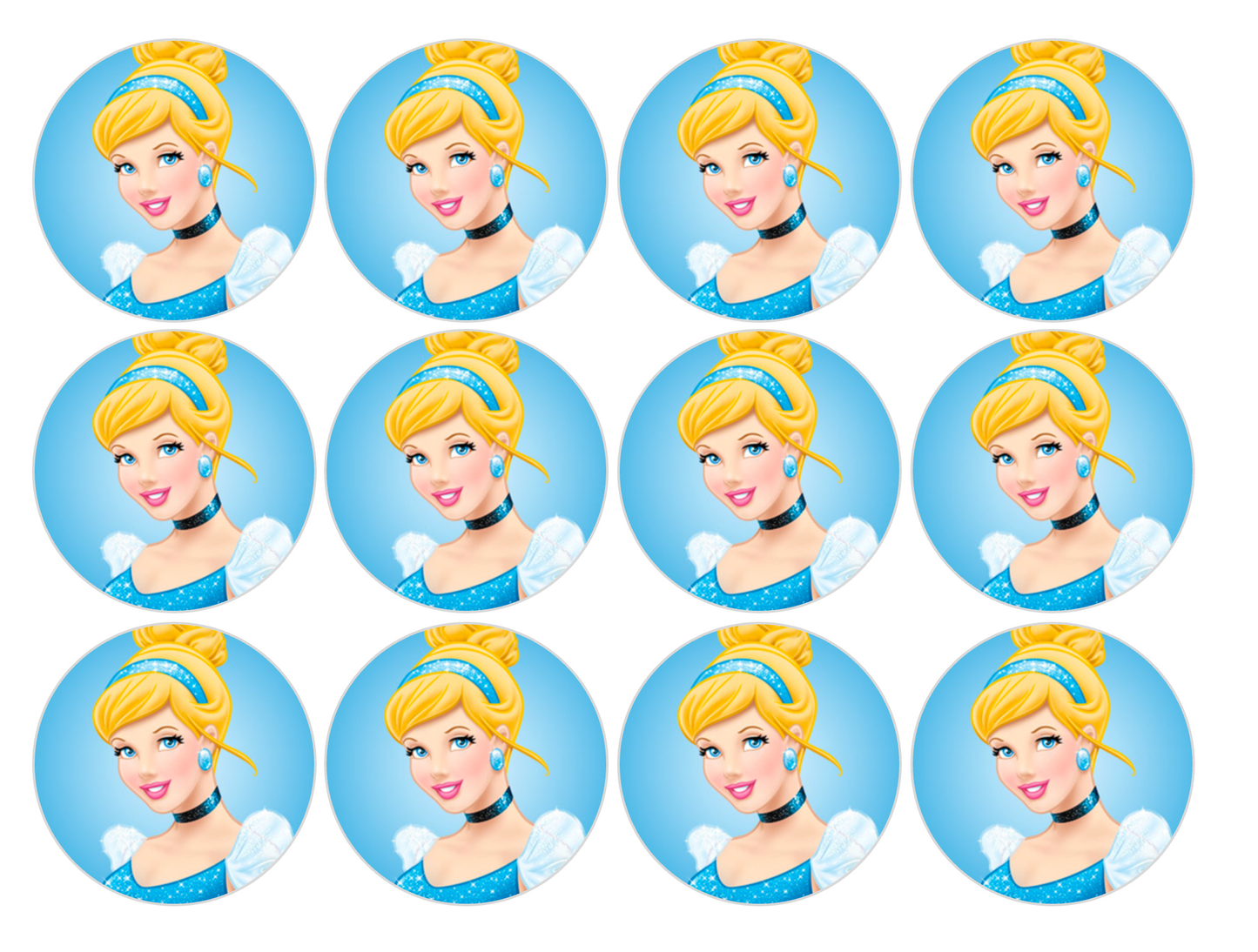 Set of 12 "Cinderella" pre cut edible image discs for desserts, drink toppers, choose your size