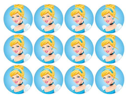 Set of 12 "Cinderella" pre cut edible image discs for desserts, drink toppers, choose your size