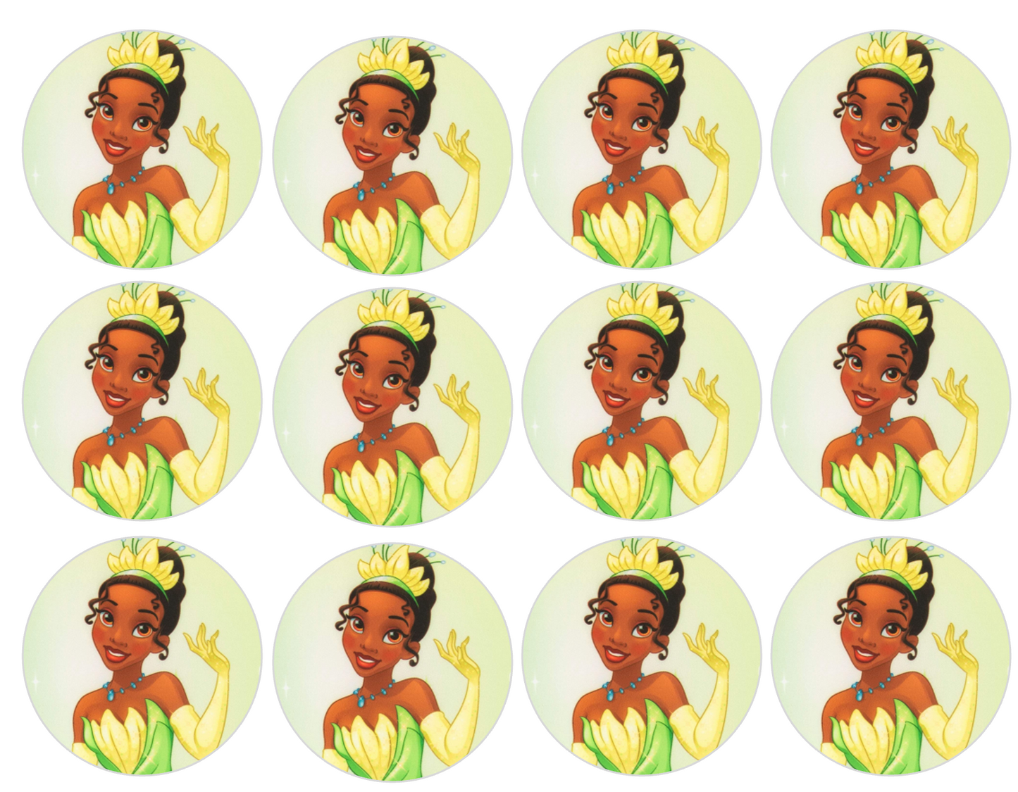 Set of 12 "Princess Tiana" pre cut edible image discs for desserts, drink toppers, choose your size