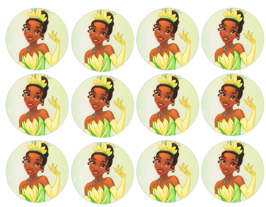 Set of 12 "Princess Tiana" pre cut edible image discs for desserts, drink toppers, choose your size