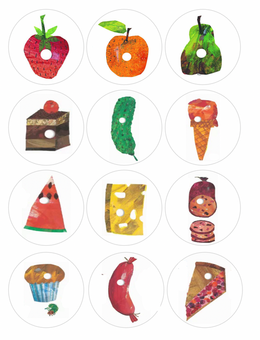 Set of 12 "The Very Hungry Caterpillar foods" pre cut edible image discs for desserts, drink toppers, choose your size