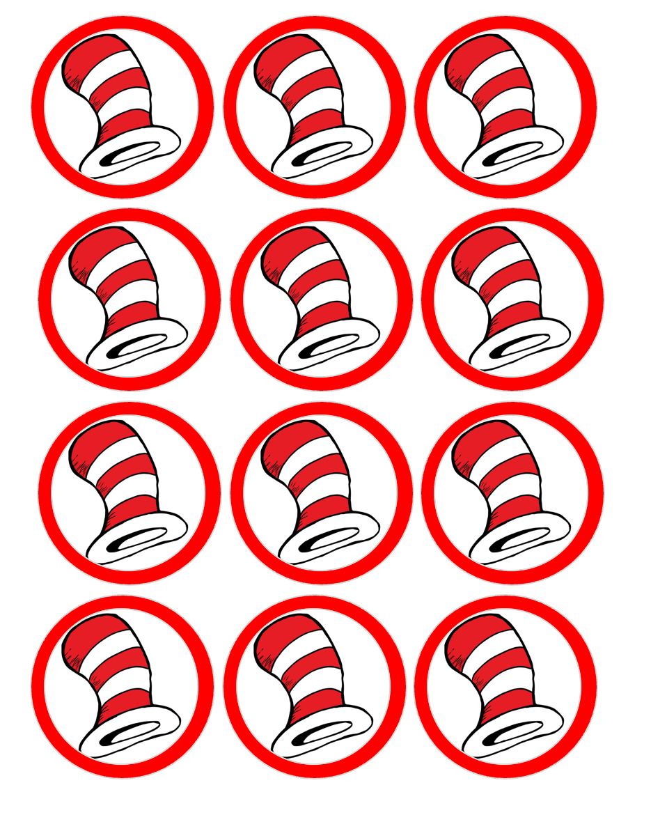 Set of 12 "Dr. Seuss, The Cat in the Hat" pre cut edible image discs for desserts, drink toppers, choose your size