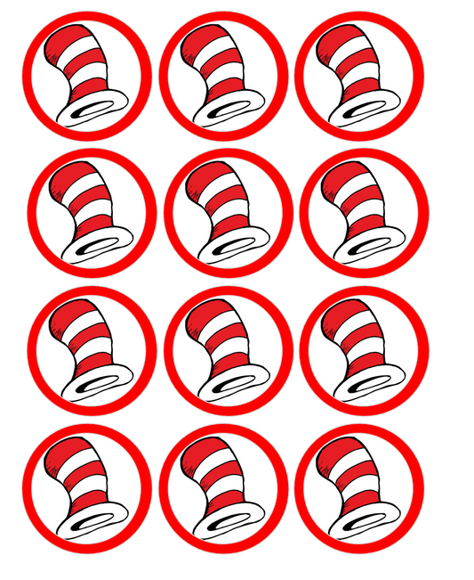 Set of 12 "Dr. Seuss, The Cat in the Hat" pre cut edible image discs for desserts, drink toppers, choose your size