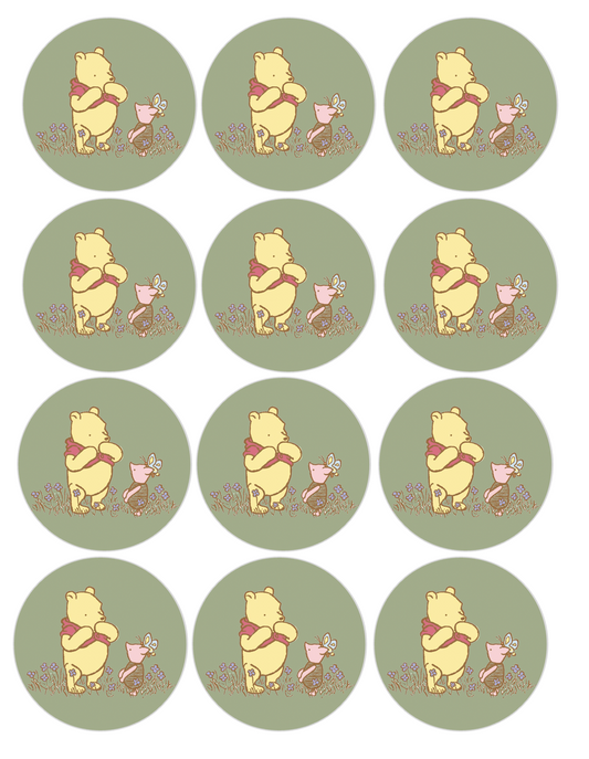 Set of 12 "Sage Green Classic Pooh" pre cut edible image discs for desserts, drink toppers, choose your size