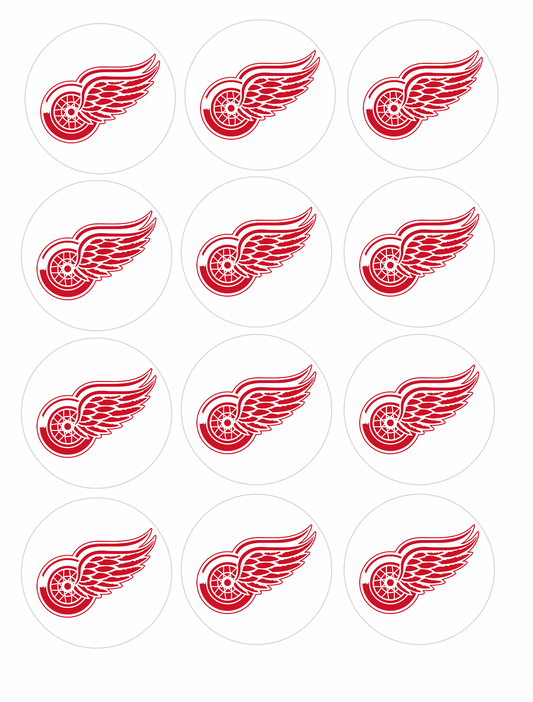 Set of 12 "Detroit Red Wings Hockey" pre cut edible image discs for desserts, drink toppers, choose your size
