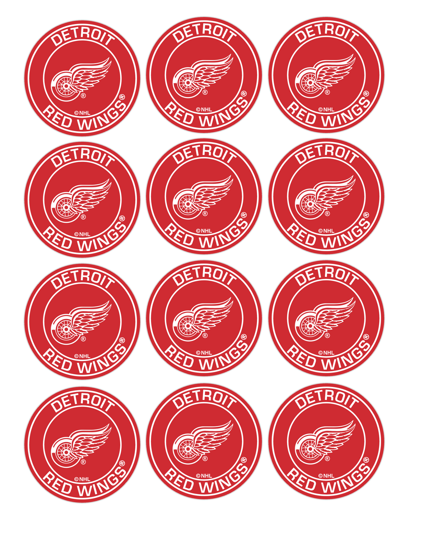 Set of 12 "Detroit Red Wings Hockey" pre cut edible image discs for desserts, drink toppers, choose your size