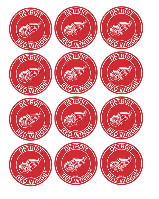 Set of 12 "Detroit Red Wings Hockey" pre cut edible image discs for desserts, drink toppers, choose your size