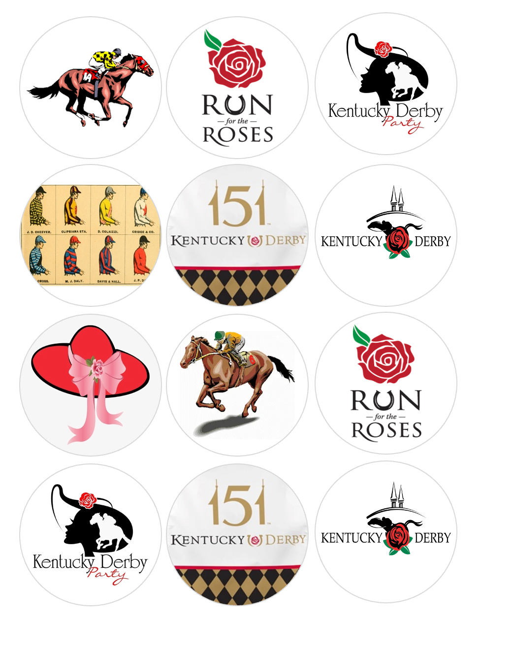 Set of 12 edible images for desserts, drink toppers, pre cut, many sizes available- Kentucky Derby 151, Horse Races